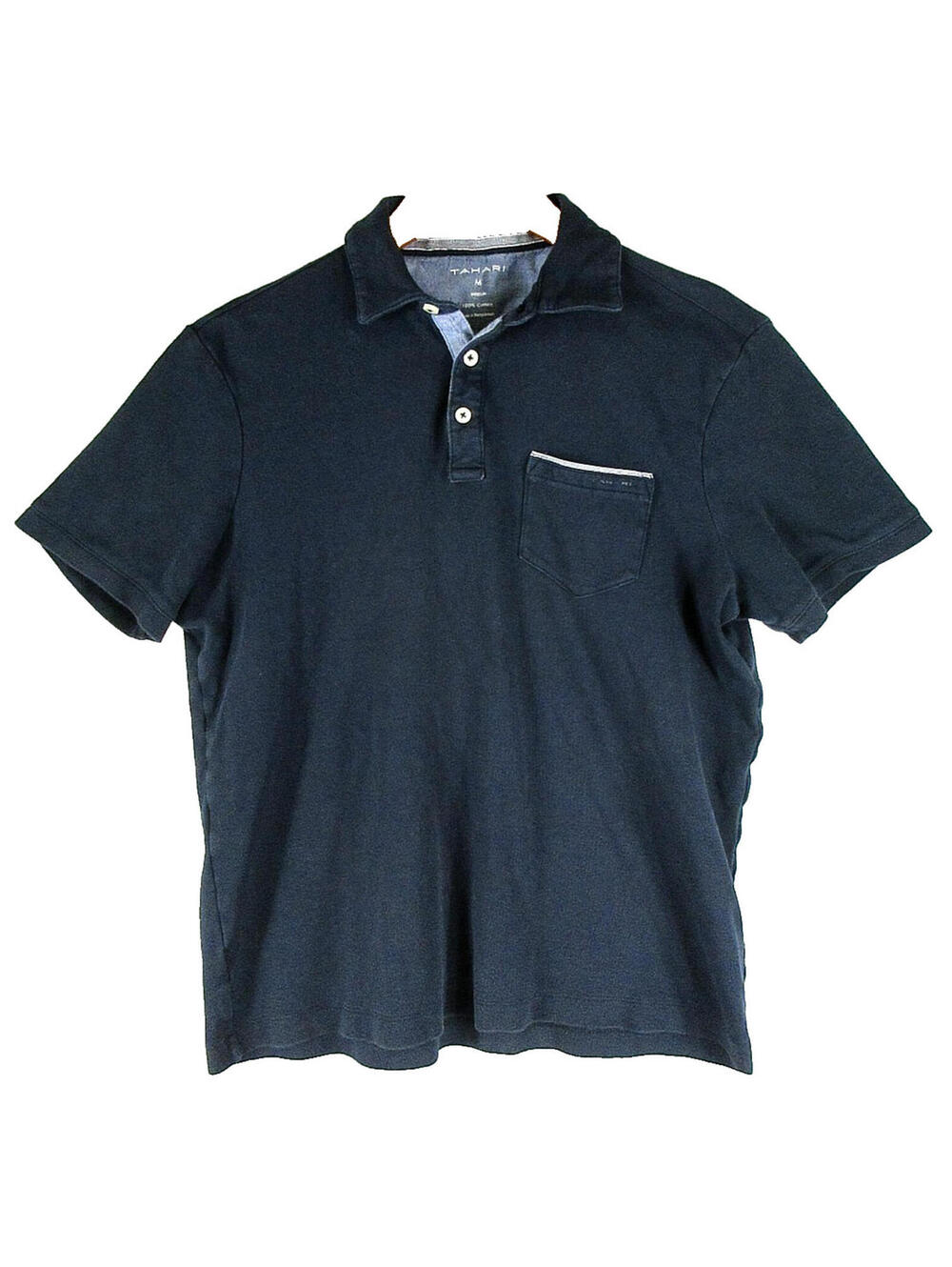 Tahari Mens Button-Up Polo Shirt Short Sleeve Collared Size M Navy Blue